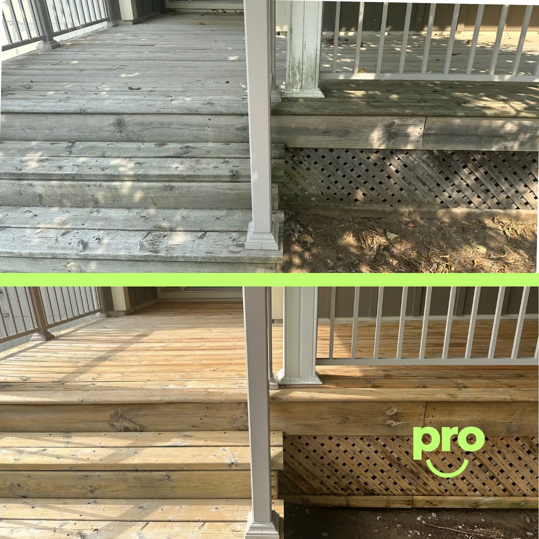 Before and after — Porch steps from grey back to wood.