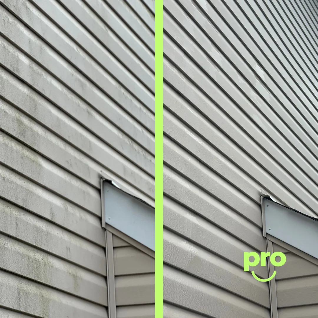 Before and after — Vinyl siding back to an even, clean finish.