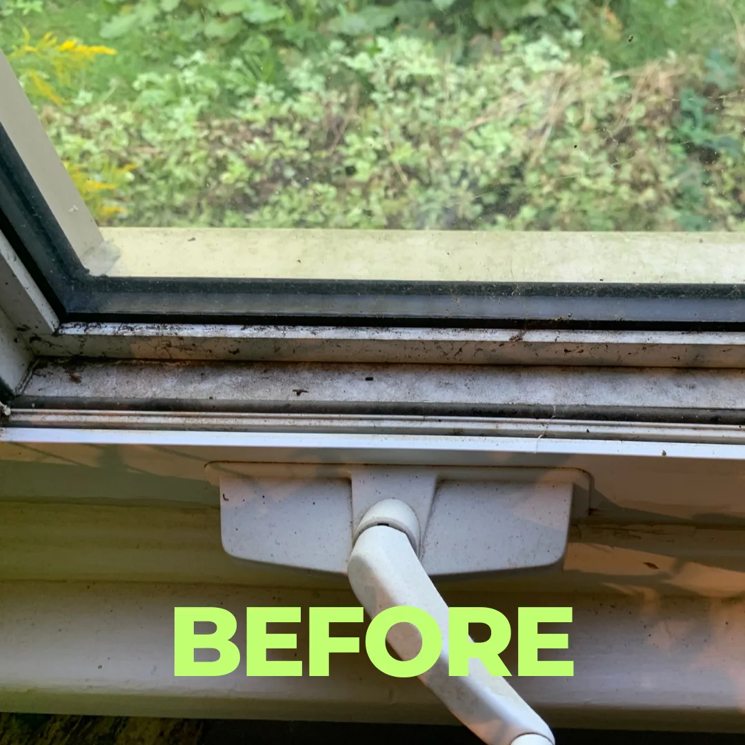 Before — Tracks and sills detailed by hand — part of every In & Out clean.