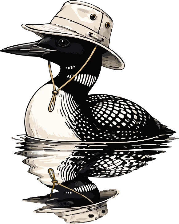 The Nord loon mascot — a loon in a Tilley hat, floating on dark water